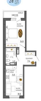 2-к квартира, строящийся дом, 44м2, 20/25 этаж