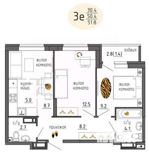 3-к квартира, вторичка, 52м2, 4/25 этаж