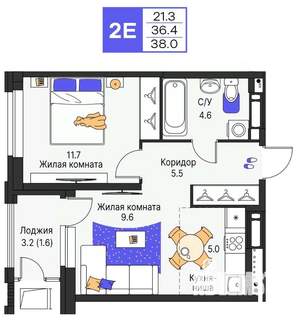 2-к квартира, строящийся дом, 38м2, 17/25 этаж
