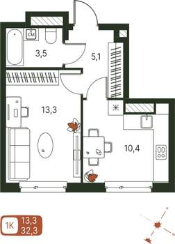 1-к квартира, строящийся дом, 32м2, 4/20 этаж