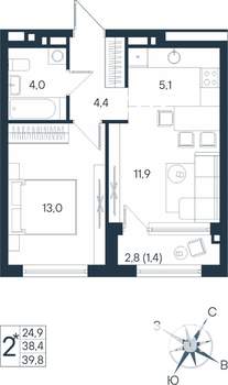 2-к квартира, строящийся дом, 40м2, 11/15 этаж