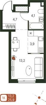 Студия квартира, строящийся дом, 26м2, 2/20 этаж