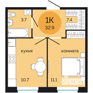 1-к квартира, вторичка, 33м2, 2/7 этаж