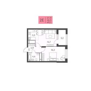 2-к квартира, строящийся дом, 49м2, 7/22 этаж