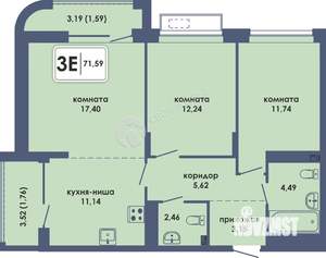 3-к квартира, строящийся дом, 72м2, 6/10 этаж