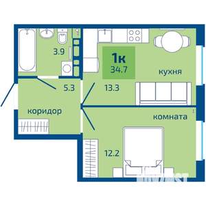1-к квартира, строящийся дом, 35м2, 10/10 этаж
