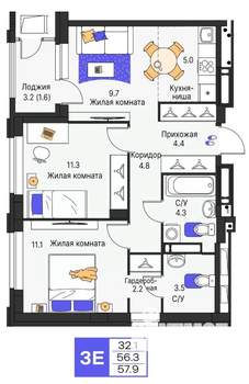 3-к квартира, строящийся дом, 58м2, 25/25 этаж