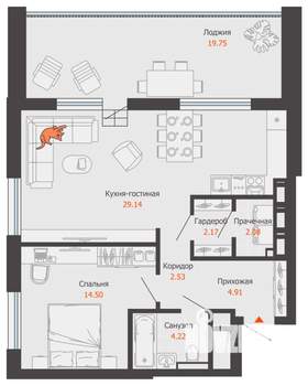 1-к квартира, вторичка, 69м2, 14/16 этаж