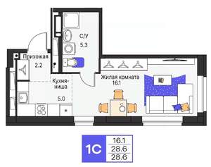 Студия квартира, строящийся дом, 29м2, 24/25 этаж