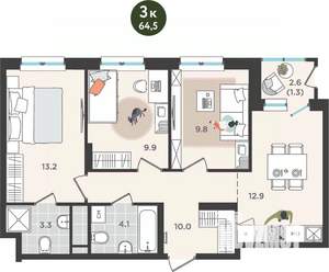 3-к квартира, вторичка, 65м2, 14/25 этаж
