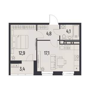 1-к квартира, вторичка, 41м2, 2/12 этаж