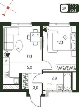 Студия квартира, строящийся дом, 35м2, 9/20 этаж