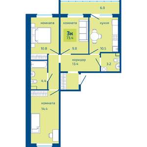 3-к квартира, строящийся дом, 73м2, 1/10 этаж