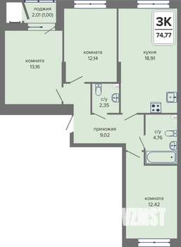 3-к квартира, вторичка, 75м2, 1/14 этаж