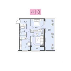 2-к квартира, вторичка, 60м2, 2/22 этаж