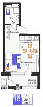 Студия квартира, строящийся дом, 29м2, 8/19 этаж