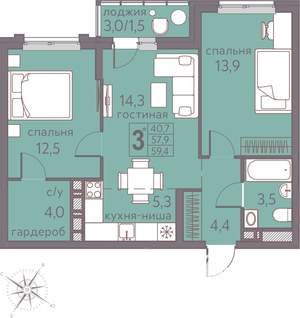3-к квартира, строящийся дом, 59м2, 15/22 этаж
