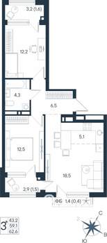 3-к квартира, строящийся дом, 63м2, 3/15 этаж