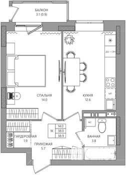 1-к квартира, вторичка, 39м2, 3/8 этаж