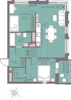 3-к квартира, строящийся дом, 64м2, 10/22 этаж