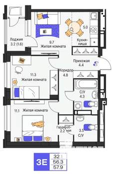 3-к квартира, строящийся дом, 58м2, 23/25 этаж