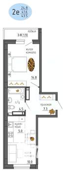 2-к квартира, строящийся дом, 44м2, 24/25 этаж