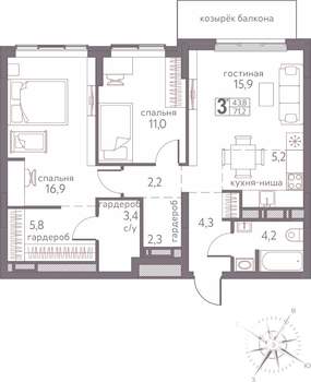 Студия квартира, строящийся дом, 71м2, 18/20 этаж