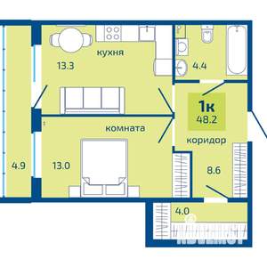 1-к квартира, строящийся дом, 48м2, 1/10 этаж