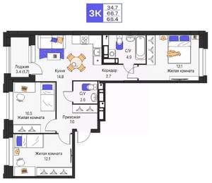 3-к квартира, строящийся дом, 68м2, 6/16 этаж