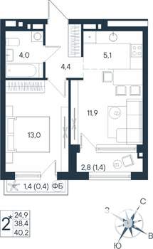 2-к квартира, строящийся дом, 40м2, 6/15 этаж