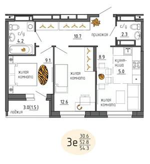 3-к квартира, строящийся дом, 54м2, 22/25 этаж