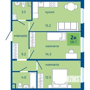 2-к квартира, строящийся дом, 59м2, 1/10 этаж