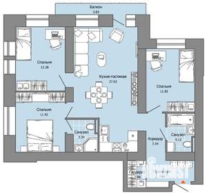 3-к квартира, вторичка, 82м2, 3/9 этаж