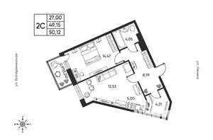 2-к квартира, сданный дом, 50м2, 3/6 этаж