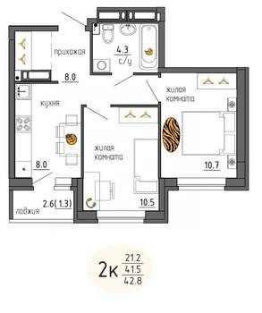 2-к квартира, строящийся дом, 43м2, 18/25 этаж