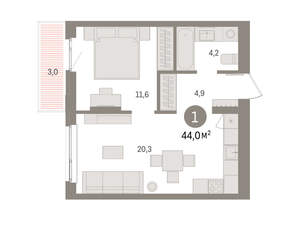 1-к квартира, вторичка, 44м2, 6/11 этаж