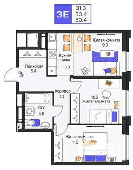 3-к квартира, вторичка, 50м2, 19/25 этаж