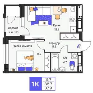 1-к квартира, строящийся дом, 38м2, 19/25 этаж