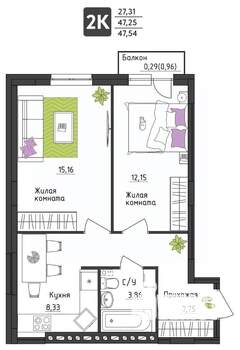 2-к квартира, строящийся дом, 48м2, 3/4 этаж