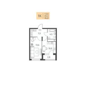 1-к квартира, строящийся дом, 37м2, 2/22 этаж