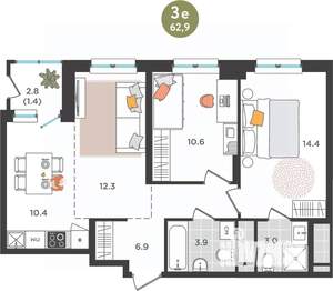 3-к квартира, вторичка, 63м2, 4/25 этаж