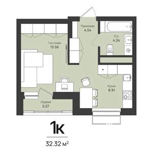 1-к квартира, строящийся дом, 32м2, 13/16 этаж
