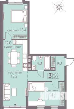 3-к квартира, строящийся дом, 65м2, 18/22 этаж