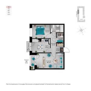 2-к квартира, строящийся дом, 60м2, 3/6 этаж