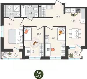 3-к квартира, вторичка, 68м2, 14/25 этаж