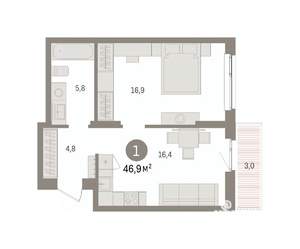 1-к квартира, вторичка, 47м2, 4/9 этаж