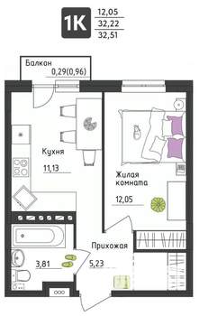 1-к квартира, вторичка, 33м2, 1/4 этаж