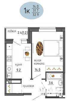 1-к квартира, строящийся дом, 33м2, 24/25 этаж