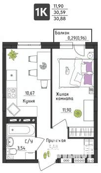 1-к квартира, вторичка, 31м2, 4/4 этаж