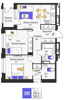 3-к квартира, строящийся дом, 58м2, 20/25 этаж